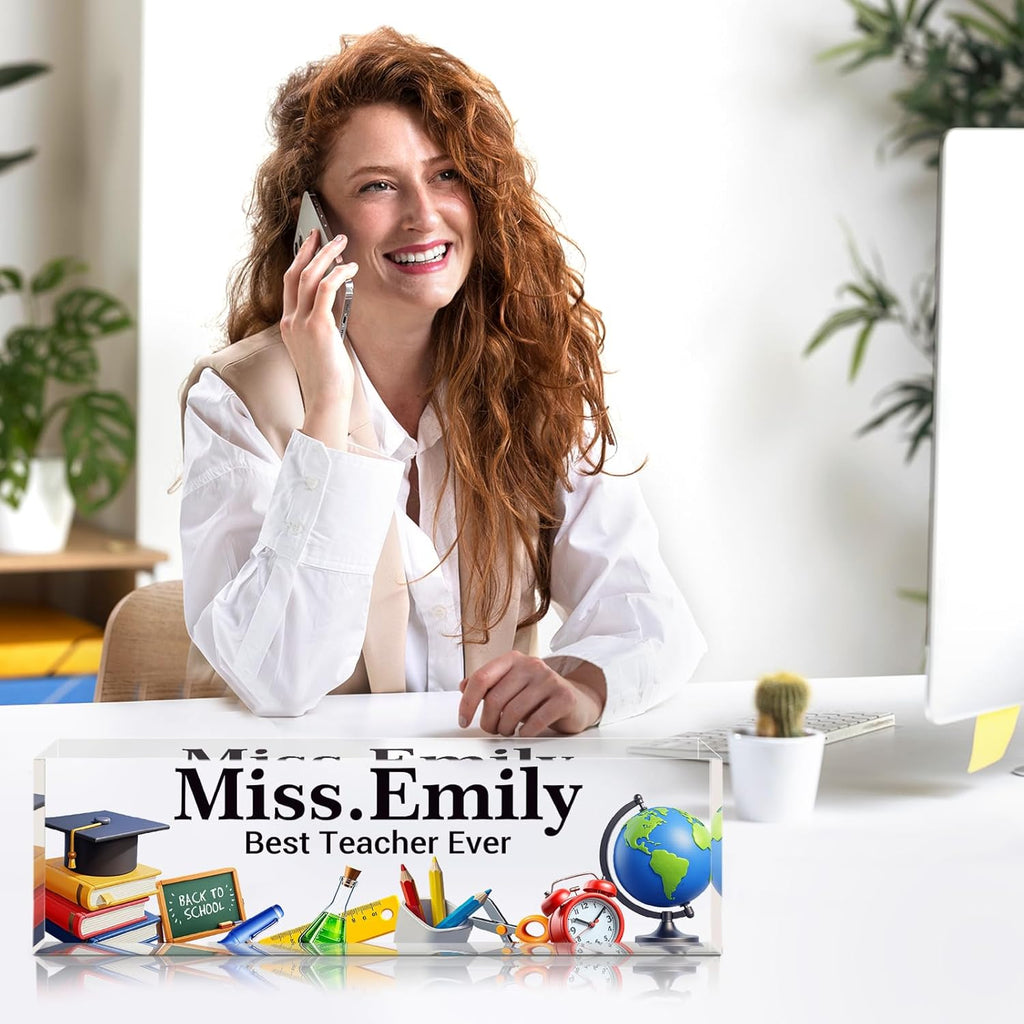 Personalized Name Plate for Desk - Custom Engraved Name Plates for Teacher -Teachers Day Gifts- Best Teacher Ever Teacher Appreciation Gifts- Acrylic Office Decor