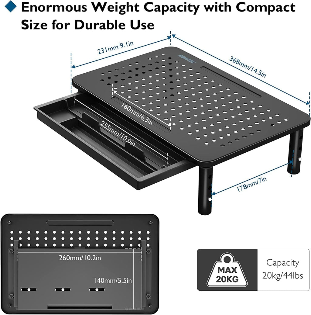 BONTEC 2 Pack Adjustable Monitor Stand Riser with Drawer, Ergonomic Mesh Platform Computer Monitor Stand for Desk, Ventilated Laptop and PC Stand with Cable Management, Supports up to 44lbs