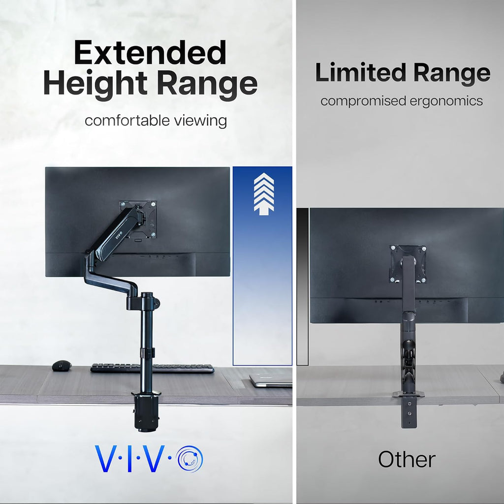 VIVO Single Monitor Arm Mount for 17 to 32 inch Screens - Pneumatic Height Adjustment, Full Articulating Tilt, Swivel, Heavy Duty VESA Stand with Desk C-clamp and Grommet Option STAND-V001K