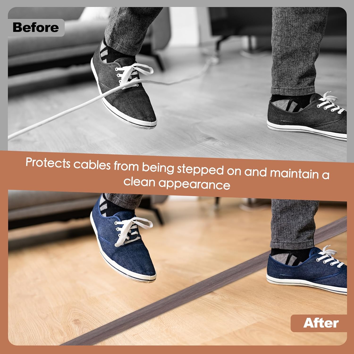 Floor Cord Cover for Wires on Floor Self Adhesive Cord Hider Floor Cable Management Wire Covers for Cords Protector Prevent Cable Trips Cord Cavity W 0.32" x H 0.32", Grayish Brown Wood, 3.3Ft