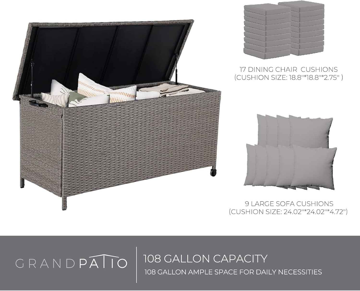 Grand patio 108 Gallon Deck Storage Box Indoor Outdoor Wicker Bin for Patio Furniture Cushions Garden Tools Pool Accessories, Greige