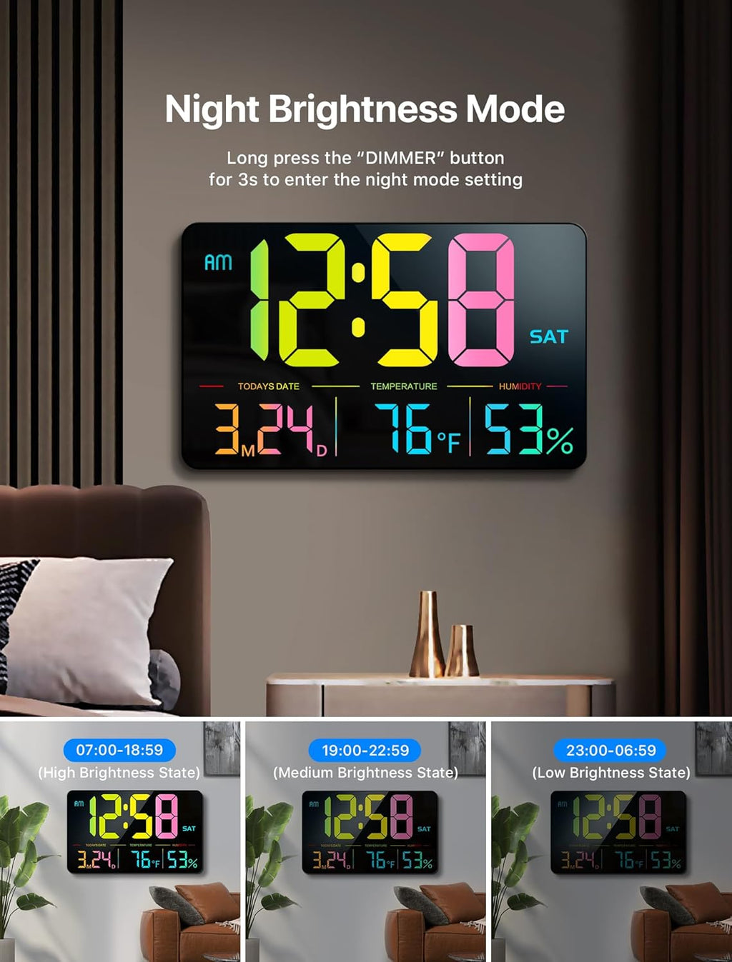 MASHI Digital Clock, 13" Large Display Digital Wall Clock, Adjustable Brightness Calendar Clock with Day and Date,DST,Alarms,Humidity,Temperature for Desk,Wall Mounted (Black Case Color Light)