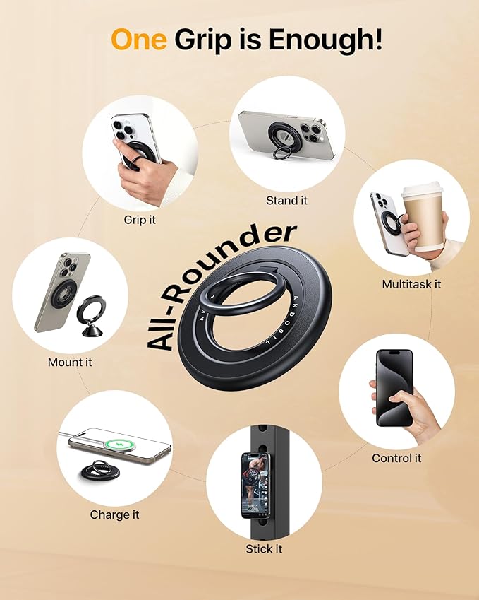 andobil [2025 Upgraded] Double-sided Magnetic Phone Grip for MagSafe [Sability Max] Strong Magnetic Phone Ring Holder Compatible with MagSafe Accessories, iPhone 16 Plus 15 14 13 12 Pro Max Mini Black