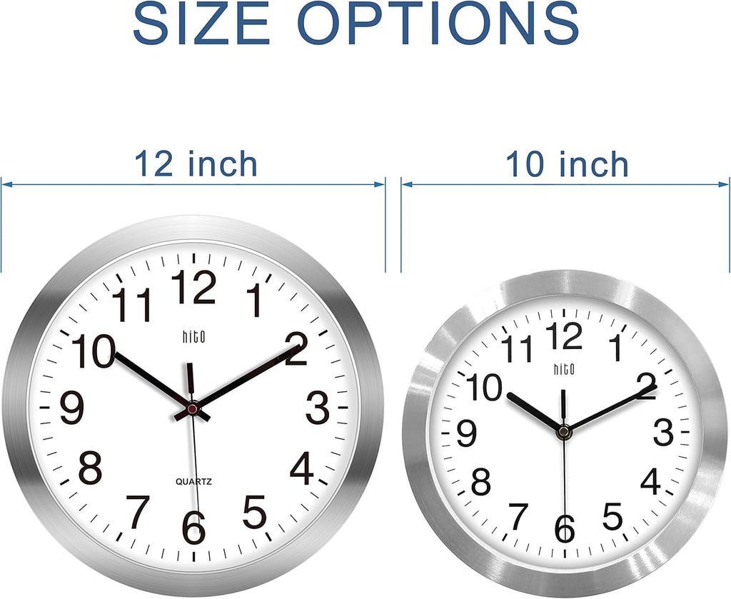 HITO 12 Inch Silent Wall Clock Battery Operated Non Ticking Glass Cover Silver Aluminum Frame, for Kitchen, Bedroom, Home Office, Living Room Decor