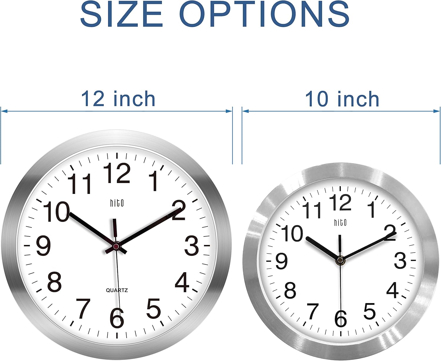 HITO 12 Inch Silent Wall Clock Battery Operated Non Ticking Glass Cover Silver Aluminum Frame, for Kitchen, Bedroom, Home Office, Living Room Decor