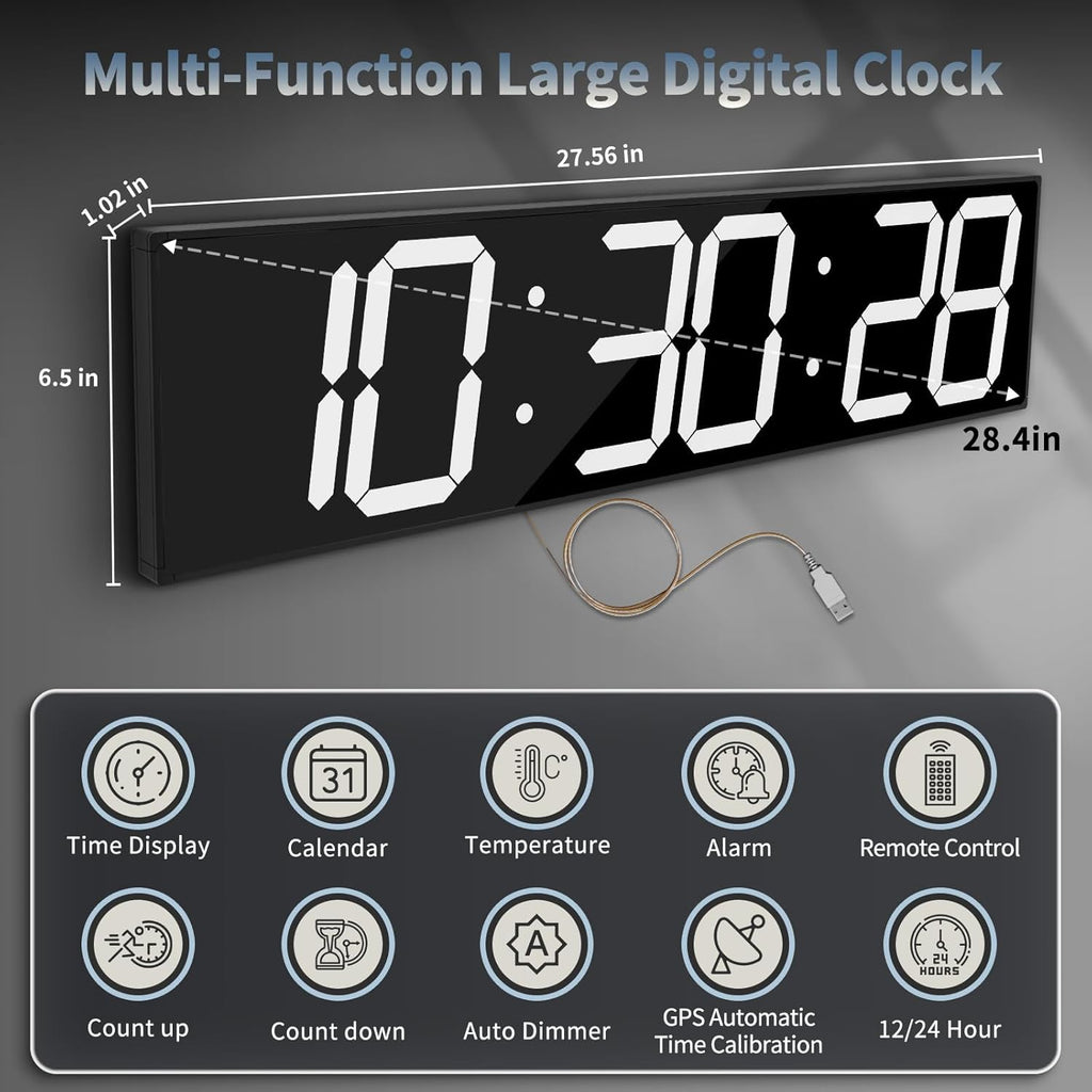 28.4'Large Digital Wall Clock,Automic Digital Clock with Alarm,Clendar and Termperature,Auto Time Sync with Easy Operation, Big Timer with Countdown and Countup (White)