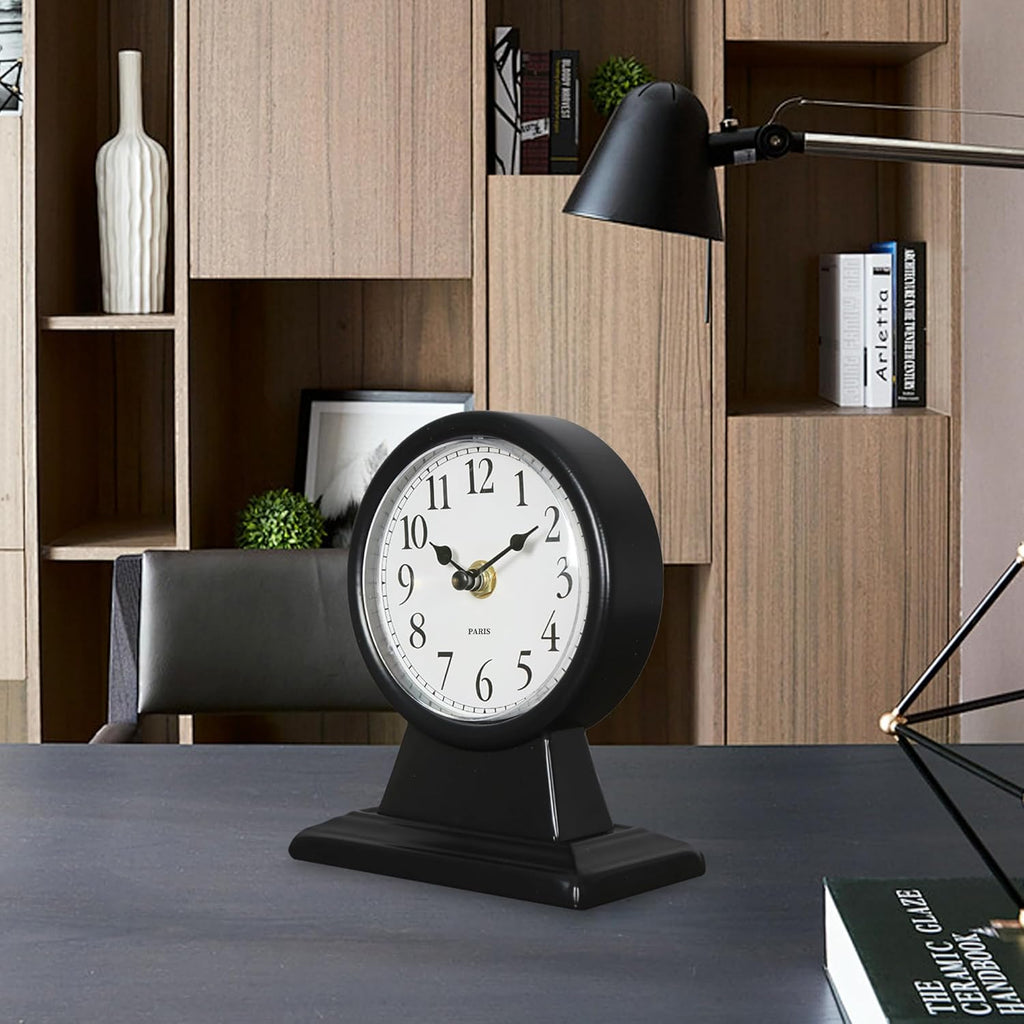 6.7" Analog Bedside Clock,Small Retro Desk Clock Battery Operated,Slient Metal Table Clock Decorative Desk Clock for Living Room Decor,Bedroom,Bedside,Shelf (Black)
