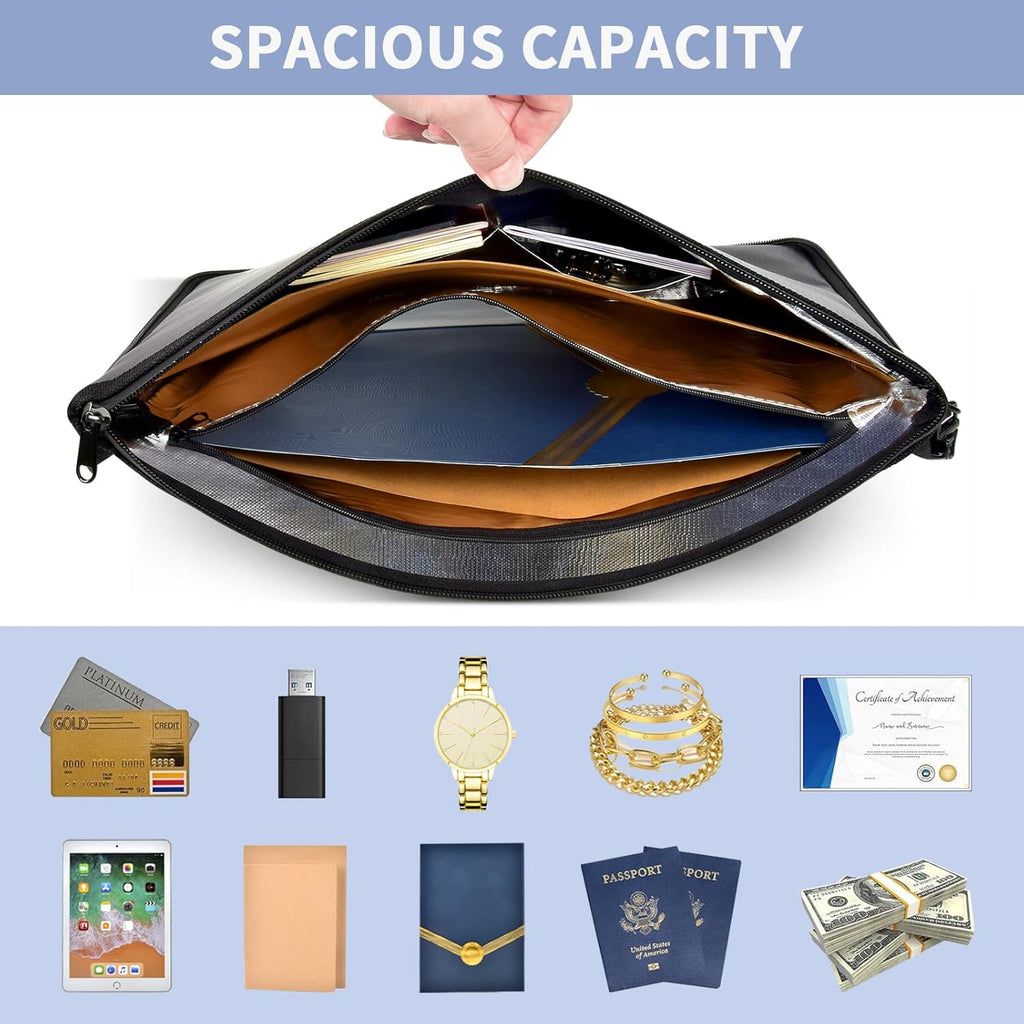 Fireproof Document Bag with Lock, 6400℉ Large Fire proof Money Bag (16.5"x12.2") for Cash Documents Organizer Safe, 12-Layers Waterproof Zipper Holder Protects Passport, Important Documents, Valuables