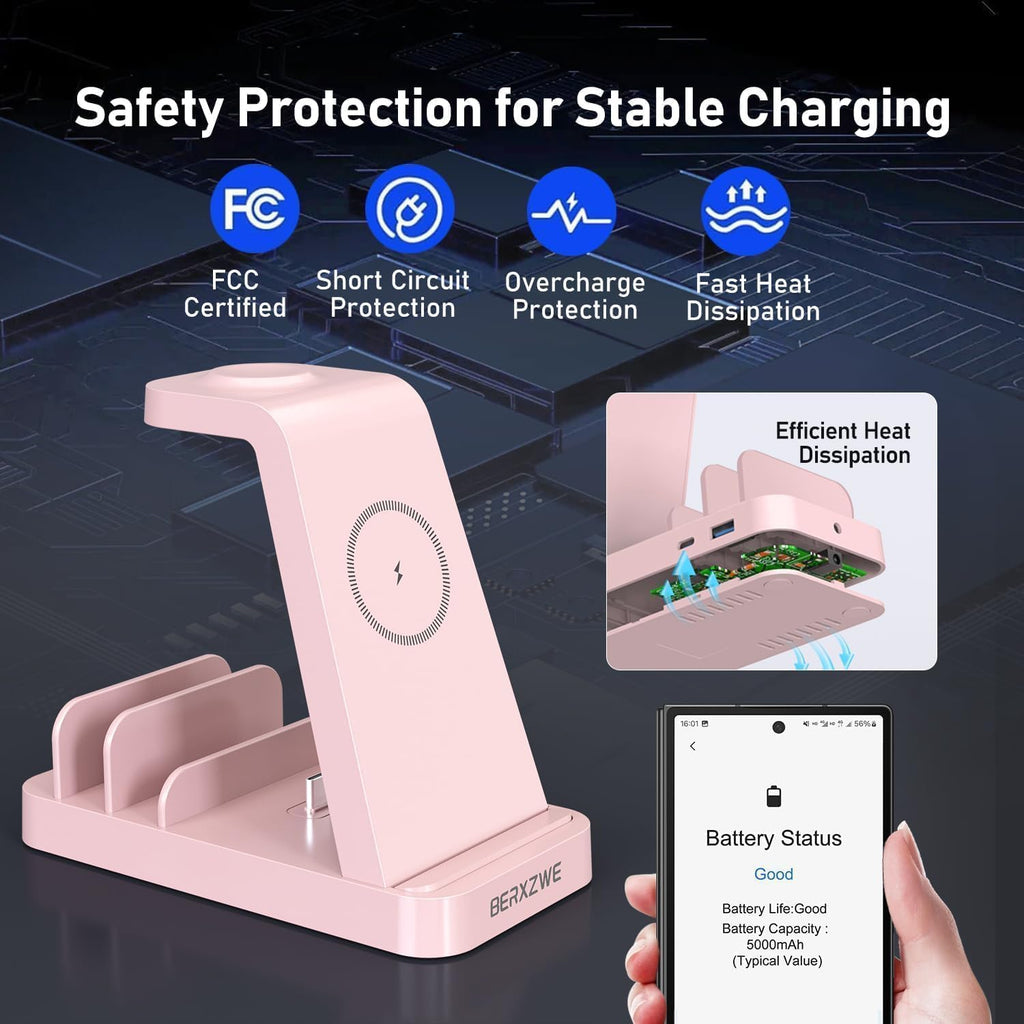 Wireless Charger for Samsung, 5 in 1 Wireless Charging Station for Samsung, Charger Dock Stand for Galaxy Watch Ultra 7 6 5 4 3, Galaxy S25 S24 Ultra S23 S22 S21, Note 20 10 Z Fold Buds, Pink