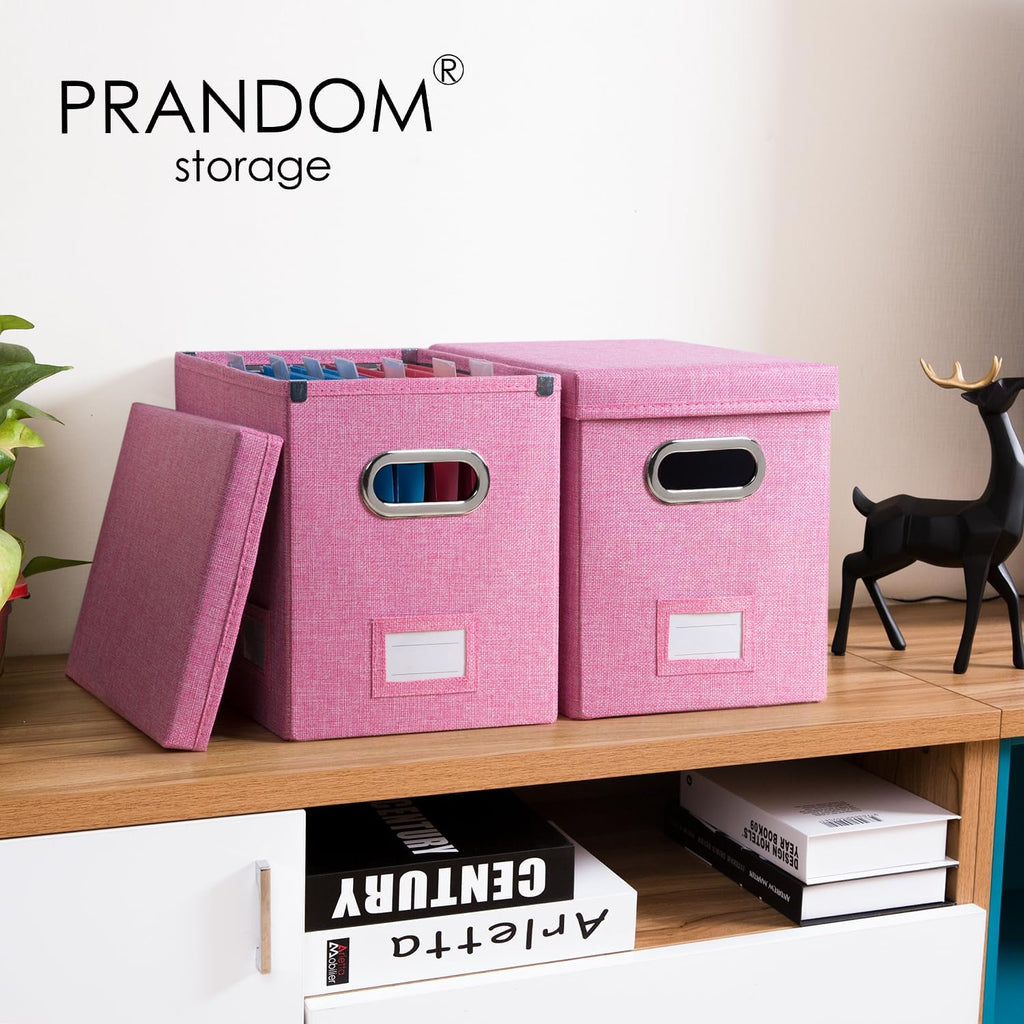 PRANDOM File Organizer Box - Set of 1 Collapsible Decorative Linen Filing Storage Hanging File Folders with Lids Office Cabinet Letter Size Pink (14x9.3x10.8 inch)