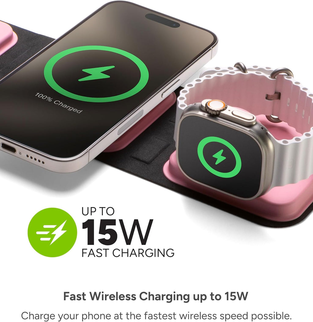 Mophie 3-in-1 Travel Charger with MagSafe - Portable Wireless Charging Hub, Compatible w/iPhone 17/16/15/14/13/12 Series, Apple Watch Series 11 to 1 & Ultra, AirPods Pro/3rd Gen, Cherry Blossom Pink