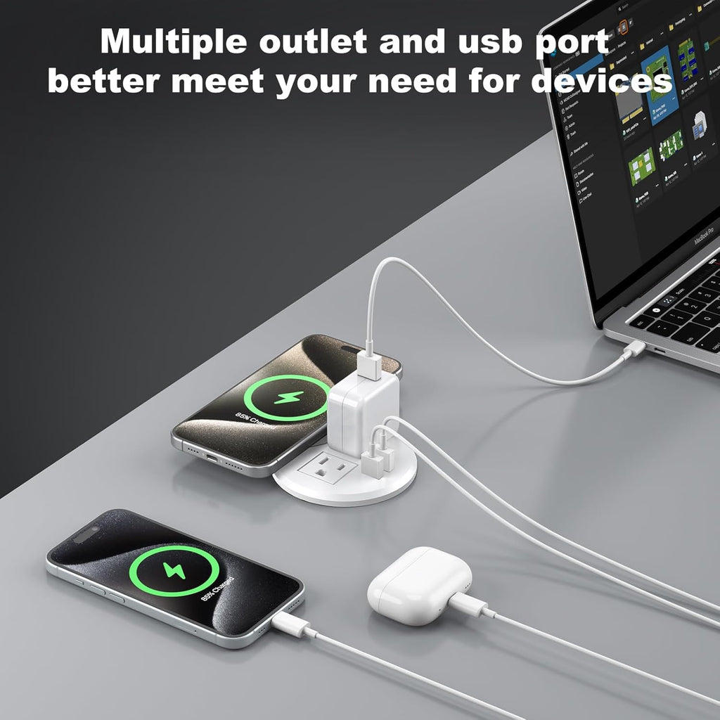 3 Inch Desk Hole Recessed Power Grommet with 15W Wireless Charger Cover, 2 USB-A Countertop Grommet Mount Power Outlet, with AC Outlets and 6ft Extension Cord
