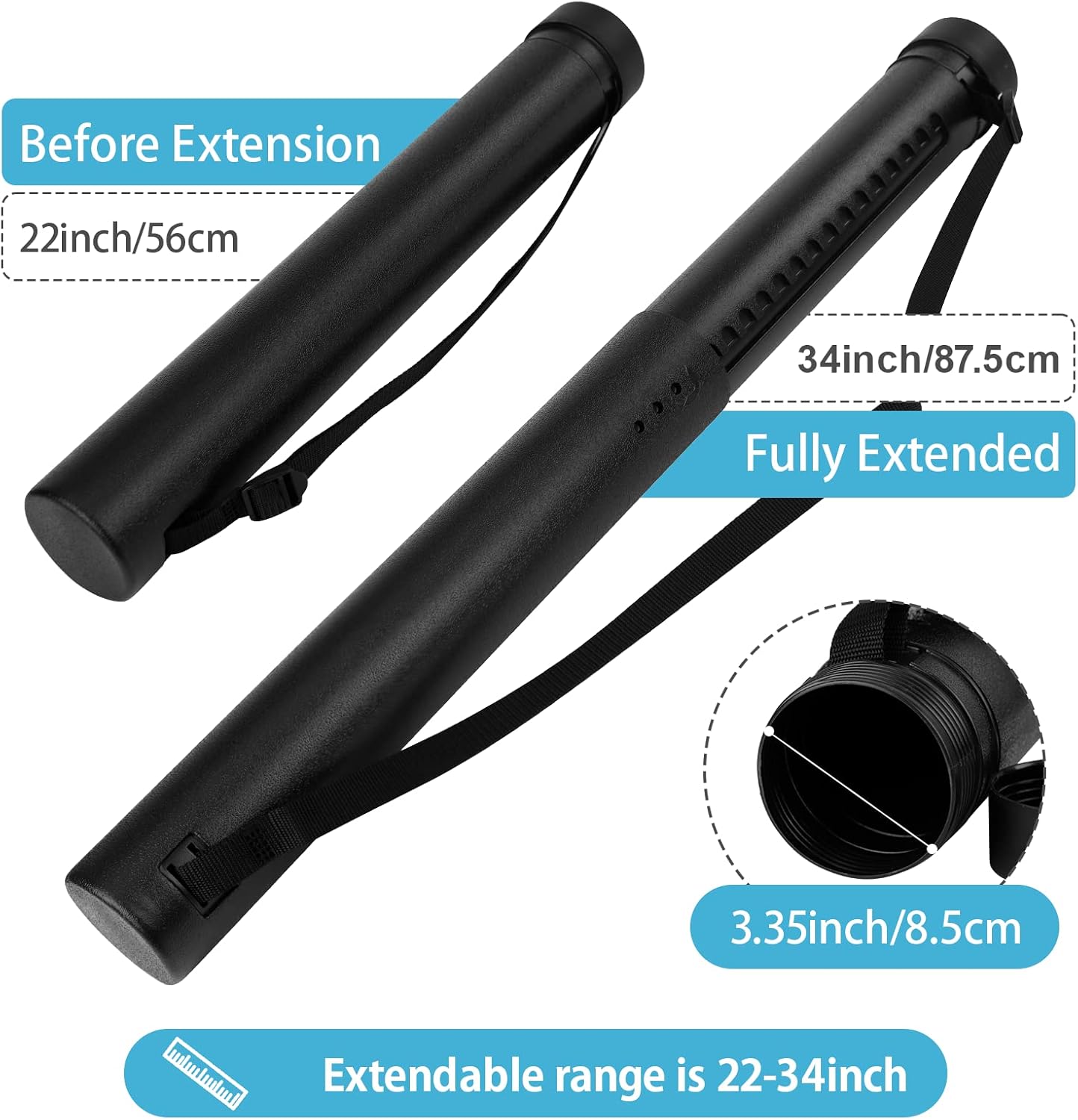 DEWEL Poster Tubes with Strap, Poster Documents Storage Tube, Extendable Tube for Blueprint Holder, Art Storage Drafting Transport Tube, Expands from 22 to 34 inches, Black/Brown 3 Packs