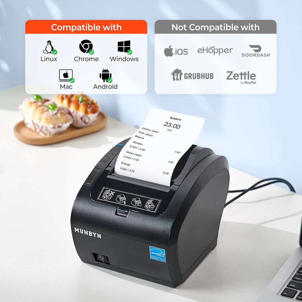 MUNBYN Bluetooth Thermal Receipt Printer P047, 80mm POS Printer, Thermal Printer with USB Serial Ethernet, Bluetooth, Support Android Windows PC (Do Not Support iOS Paypal Doordash Grubhub Vagaro)