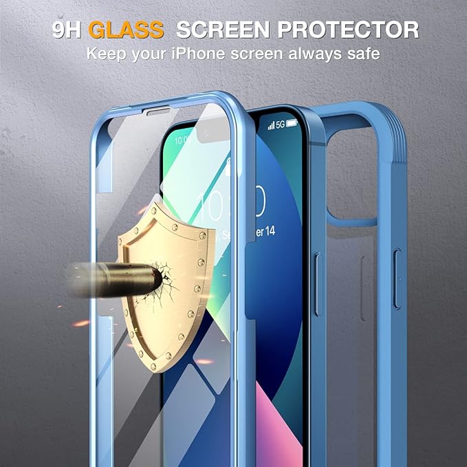 Miracase Compatible with iPhone 13 case 6.1 inch, 2023 Upgrade Full-Body Glass Clear Case Bumper Case with Built-in 9H Tempered Glass Screen Protector for iPhone 13 (Capri Blu)
