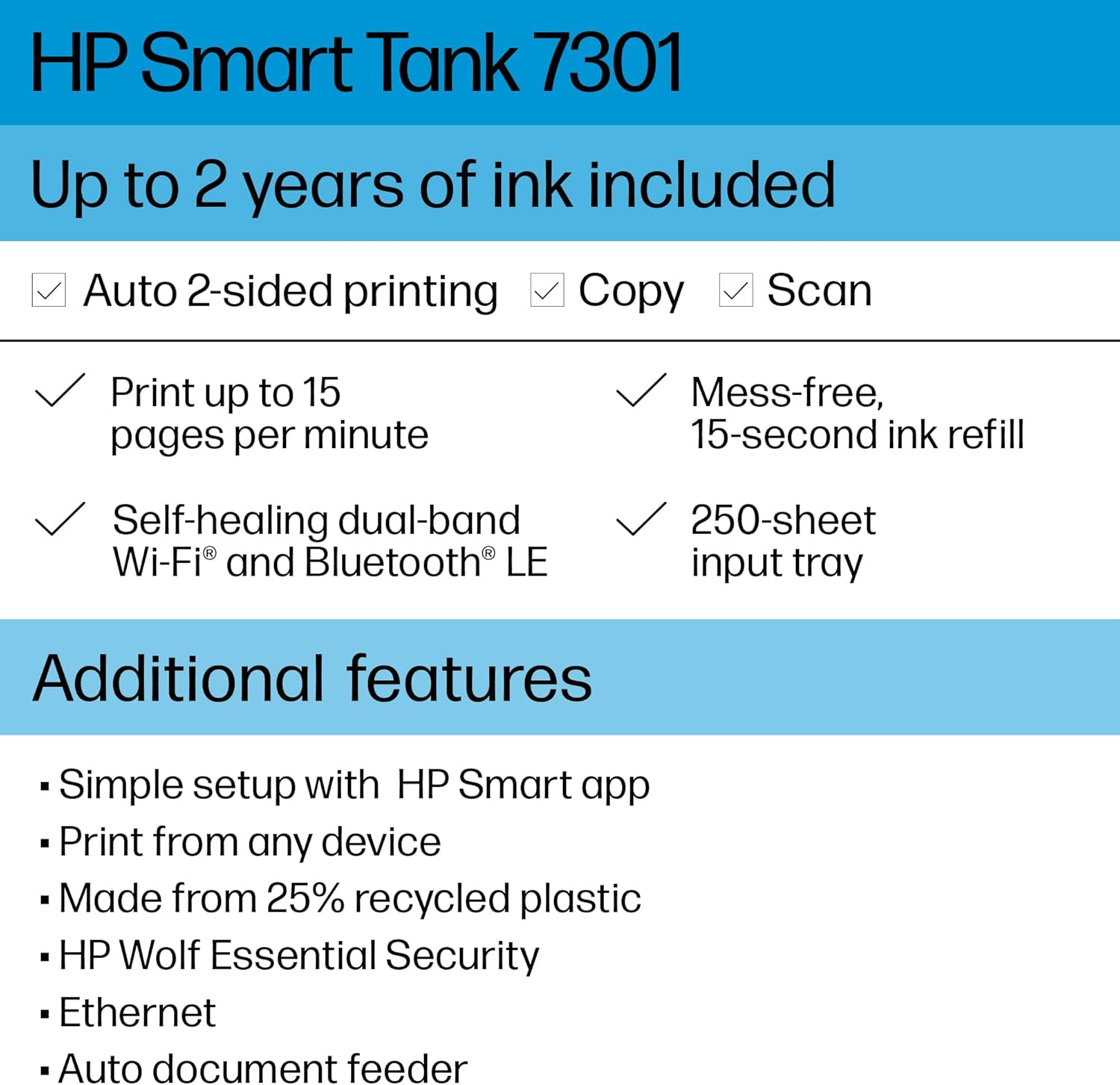 HP Smart Tank 7301 Wireless All-in-One Refillable Ink Tank Printer, Scanner, Copier with 2 years of ink included, Best for home office(28B70A)
