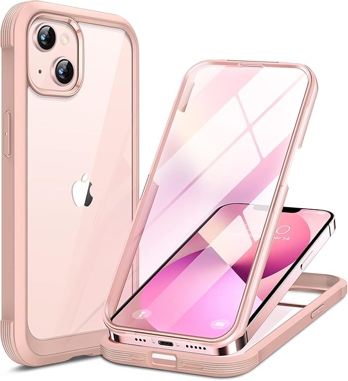 Miracase Compatible with iPhone 13 Mini case 5.4 inch, 2023 Upgrade Full-Body Glass Clear Case Bumper Case with Built-in 9H Tempered Glass Screen Protector for iPhone 13 Mini,Crystal Pink