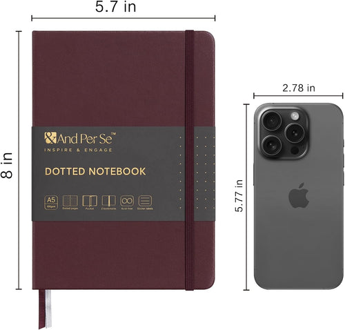 &And Per Se Dotted Journal Notebook, A5 Hardcover Leather Bullet Dotted Journal, 160 Pages 100 gsm Thick Paper，3 Sheets of Stickers Included - 5.7'' x 8''（Dark Red）