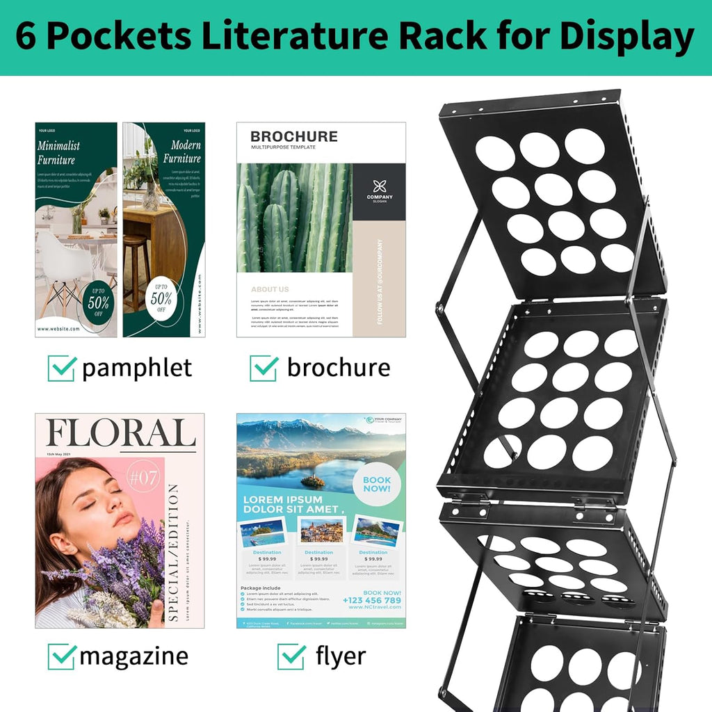 Folding Literature Rack, 6 Pockets Metal Brochure Holder Stand Floor Standing Magazine Rack，Double-sided Display Flyer Holder Stand Literature Stand for Trade Show Office Store Home
