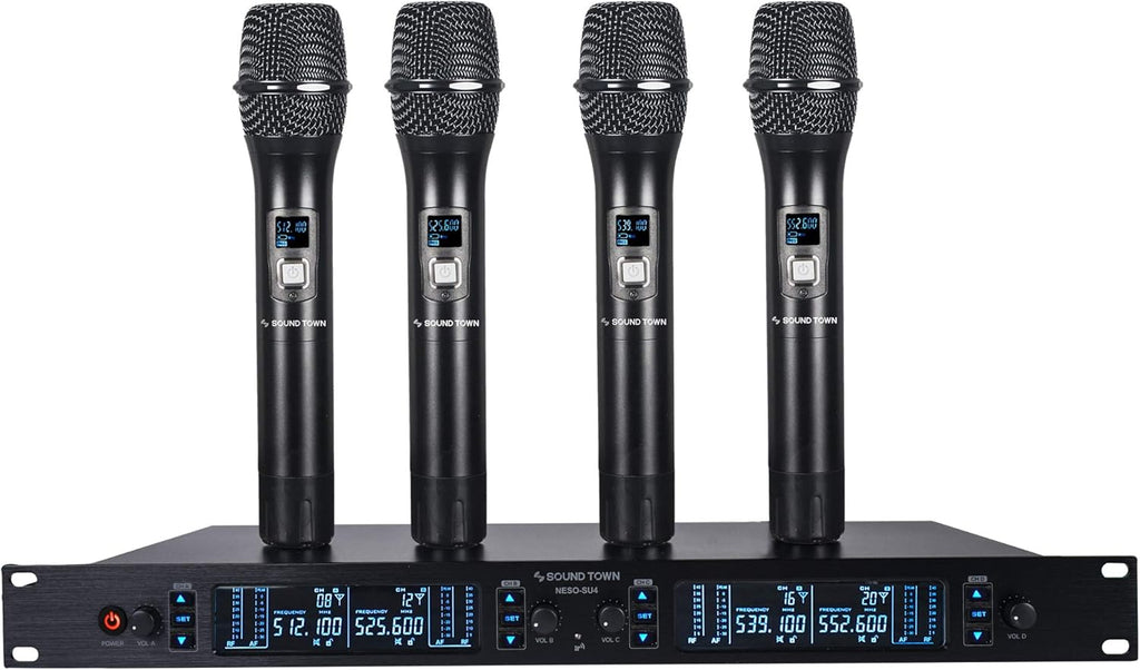 Sound Town 200 Channels Adjustable UHF Wireless Microphone System with Metal Receiver, 4 Handheld Mics and Auto Scan, for Church, School, Outdoor Wedding, Meeting, Party and Karaoke (NESO-SU4HH)