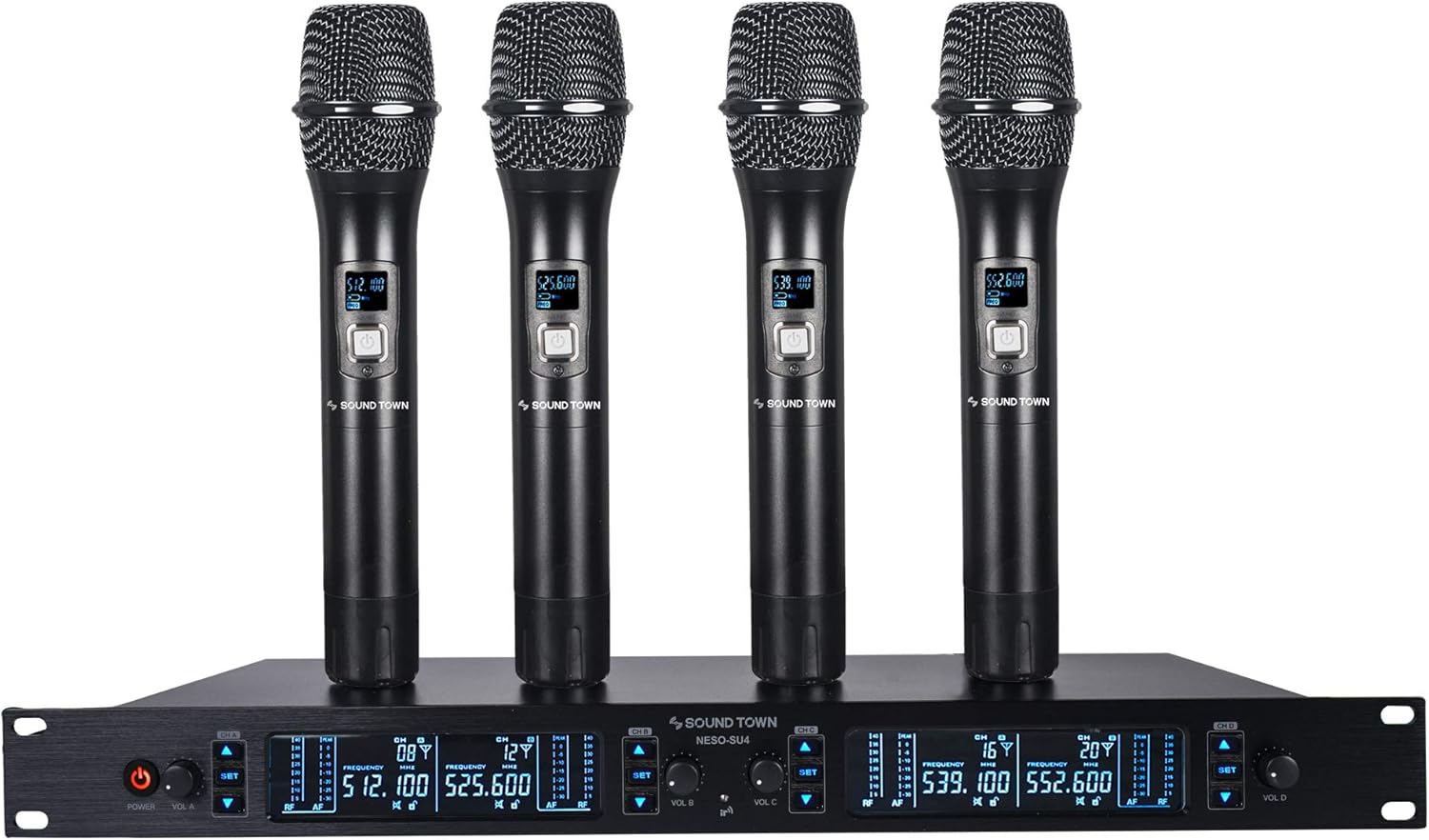 Sound Town 200 Channels Adjustable UHF Wireless Microphone System with Metal Receiver, 4 Handheld Mics and Auto Scan, for Church, School, Outdoor Wedding, Meeting, Party and Karaoke (NESO-SU4HH)