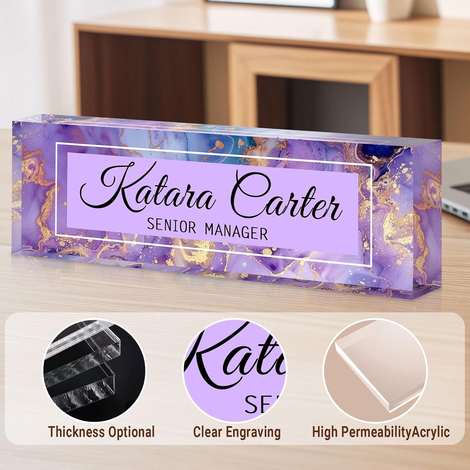 Name Plate for Desk Personalized, Acrylic Desk Decorations, Employee Appreciation Gifts, Custom Office Gifts for Coworkers, Boss, Teacher, Nurse (Purple Gold Marble)