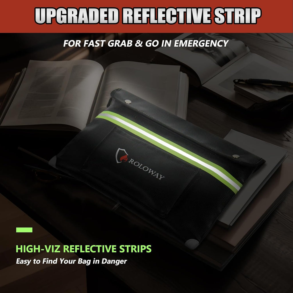 ROLOWAY Upgraded Fireproof Document Bag (14.5 x 11.5 inch) with 6400℉ Aluminum Foil Layer, Fireproof Safe Bag for Documents with Front Pocket and Reflective Strip