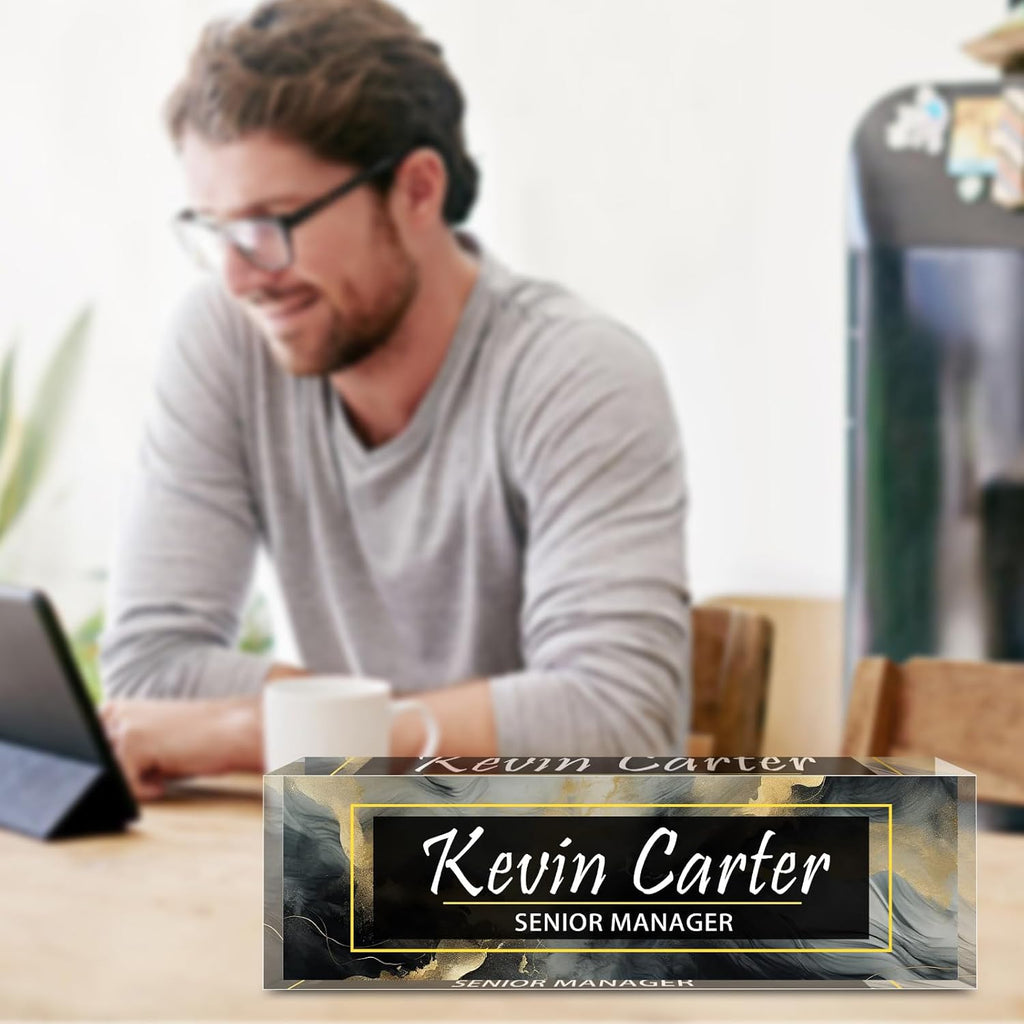 Name Plate for Desk Personalized, Acrylic Desk Decorations, Employee Appreciation Gifts, Custom Office Gifts for Coworkers, Boss, Teacher, Nurse (Black Gold Marble)