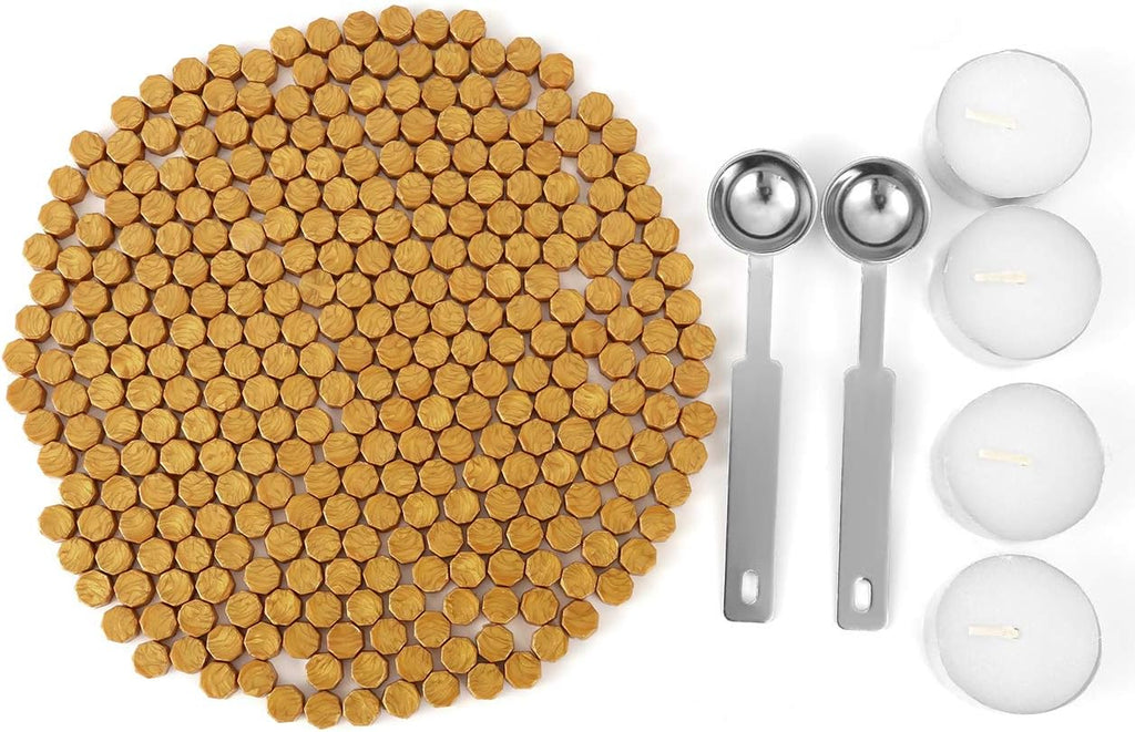Yoption 300 Piece Octagon Seal Wax Beads with 4 Candles and 2 Melting Spoons for Wax Seal Stamp (Gold)