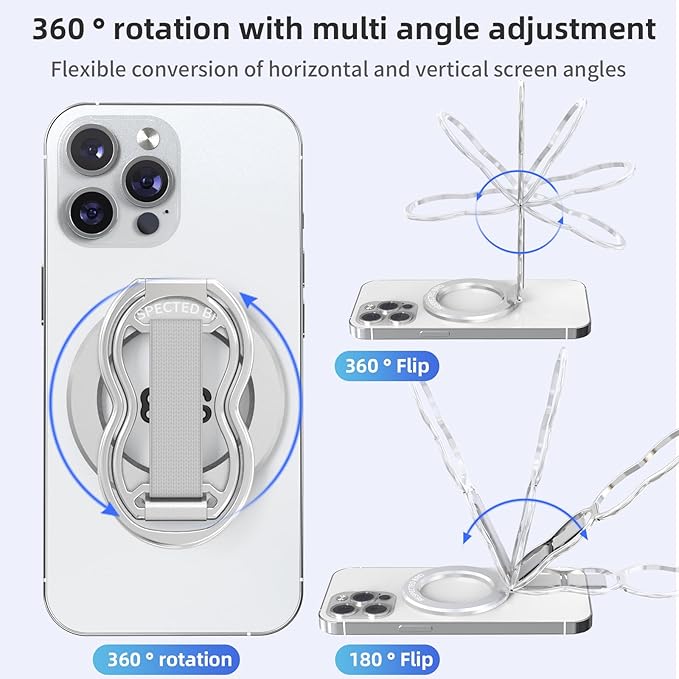 RESPECTED-BRO-Magnetic-Phone-Grip-Stand-with-Finger-Strap, 4-in-1 Magnetic Ring Holder, Kickstand and Elastic Strap for Smartphones, Universal Fit for iPhone, Android, and Cases (Silver)