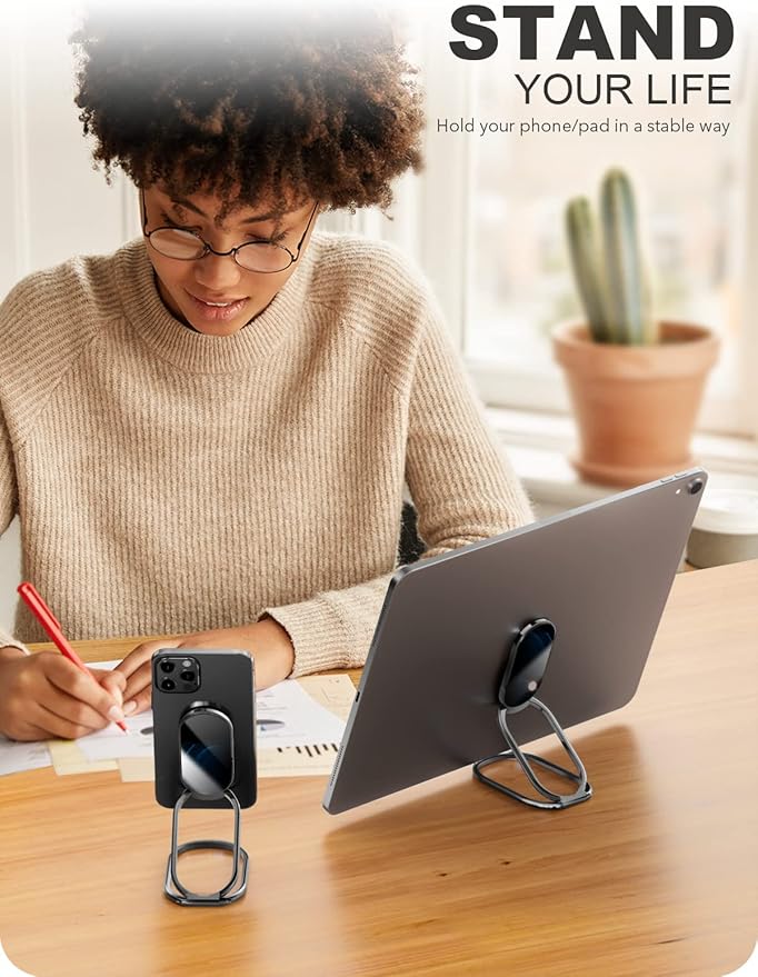 A-LuGei 𝗙𝗼𝗹𝗱𝗮𝗯𝗹𝗲 & 𝗔𝗱𝗷𝘂𝘀𝘁𝗮𝗯𝗹𝗲 Cell Phone Ring Holder Stand, Phone Kickstand for Desk, Cell Phone Holder for Hand, Ring for Back of iPhone, Metal Phone Grip for Magnetic Car Mount