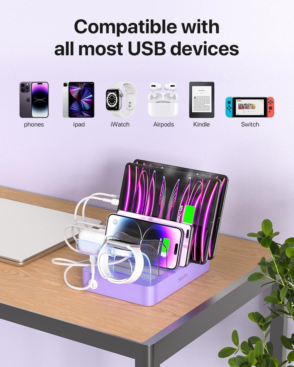 SooPii Premium 6-Port USB Charging Station Organizer for Multiple Devices, 6 Short Charging Cables and One Upgraded i-Watch Charger Holder Included, for Phones,Tablets and Other Electronics, Purple