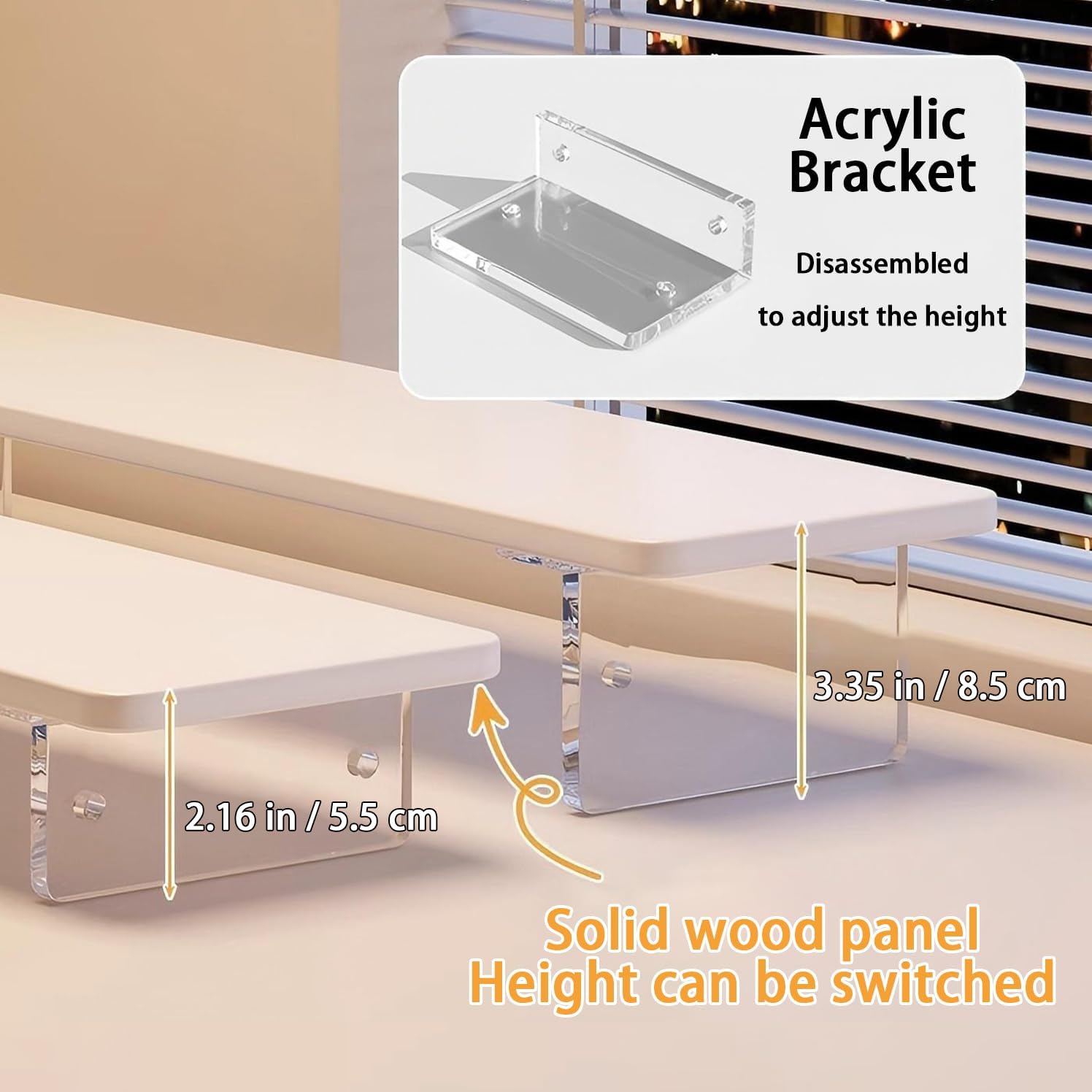 Monitor Stand Riser 2.16/3.34 Inch 2 Height Adjustments Acrylic Stand with Installation Tool, Desk Organizer Accessories Office Desk Storage Rack Screen/PC/Printer/Laptop Riser 7.8 x 15.7 Inch (White)