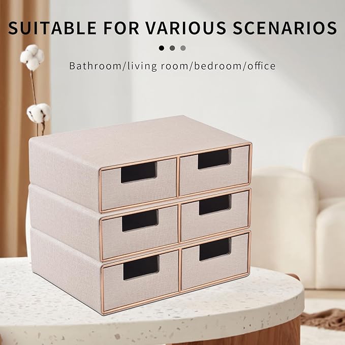 Linen Leather Desk Organizer with Drawers－Mini Desktop Drawer Organizer Stackable－Multifunctional Tabletop Organization Storage Box for Office Supplies Home Vanity Toiletries (Beige, 2-drawers)