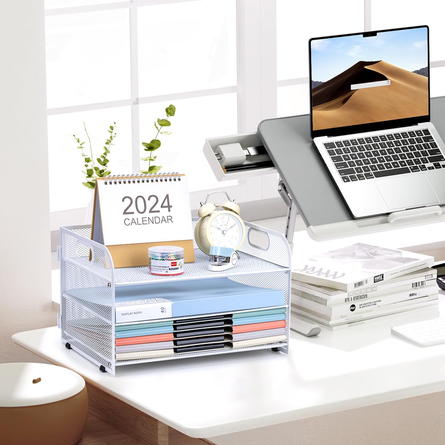 3-Tier Letter Tray Paper Organizer with Handle,Compact Mesh Desk File Organizer for Home Office Supplies Desktop Accessories,White