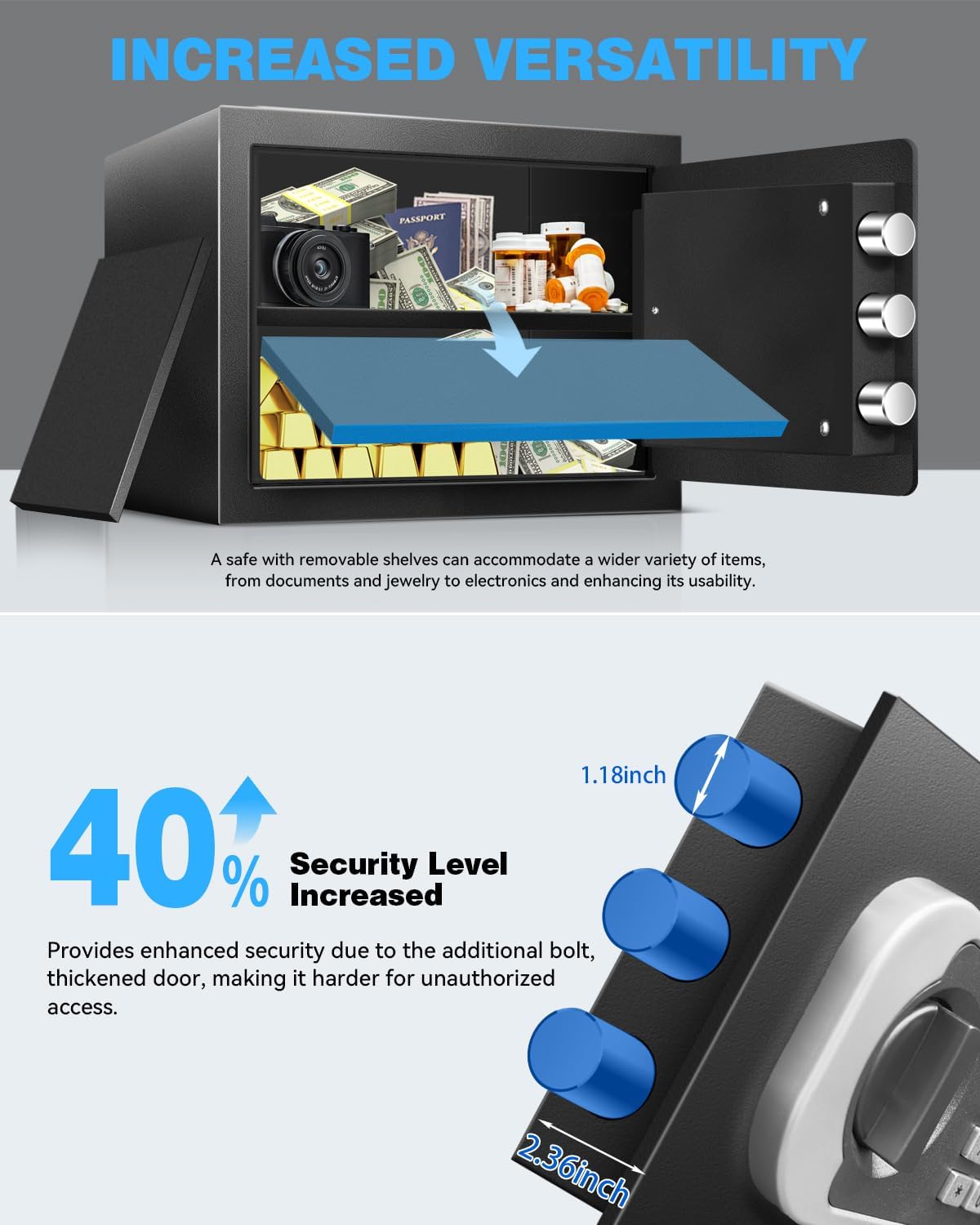 Small Safe Box for Home - 1.0 CuFt Mountable Cabinet with Motion Light & Dual Alarm, Digital Keypad & Override Key, Removable Shelf - Compact Black Safe for Cash, Jewelry, and Documents