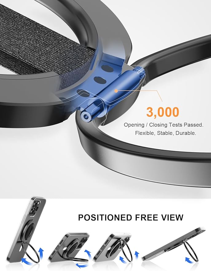 EWA MagOne Ultra Phone Grip Stand with Replaceable Elastic Finger Loop, Removable Magnetic Ring Holder Kickstand Loop, Double-Sided Magnetic Accessories for iPhone 16, 15, 14, 13 Pro/Max/Plus-Black