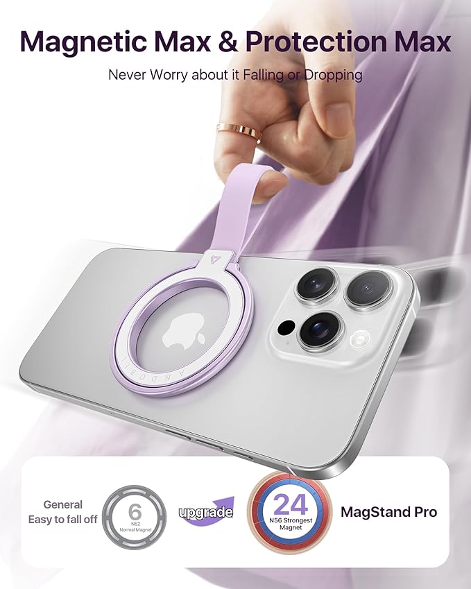 andobil [2025 Unrivaled Stability] Magnetic Phone Grip Holder for MagSafe Ring Stand Holder Kickstand Compatible with MagSafe Accessories for iPhone 16 Pro Max Plus iPhone15/14/13/12&Android,Purple
