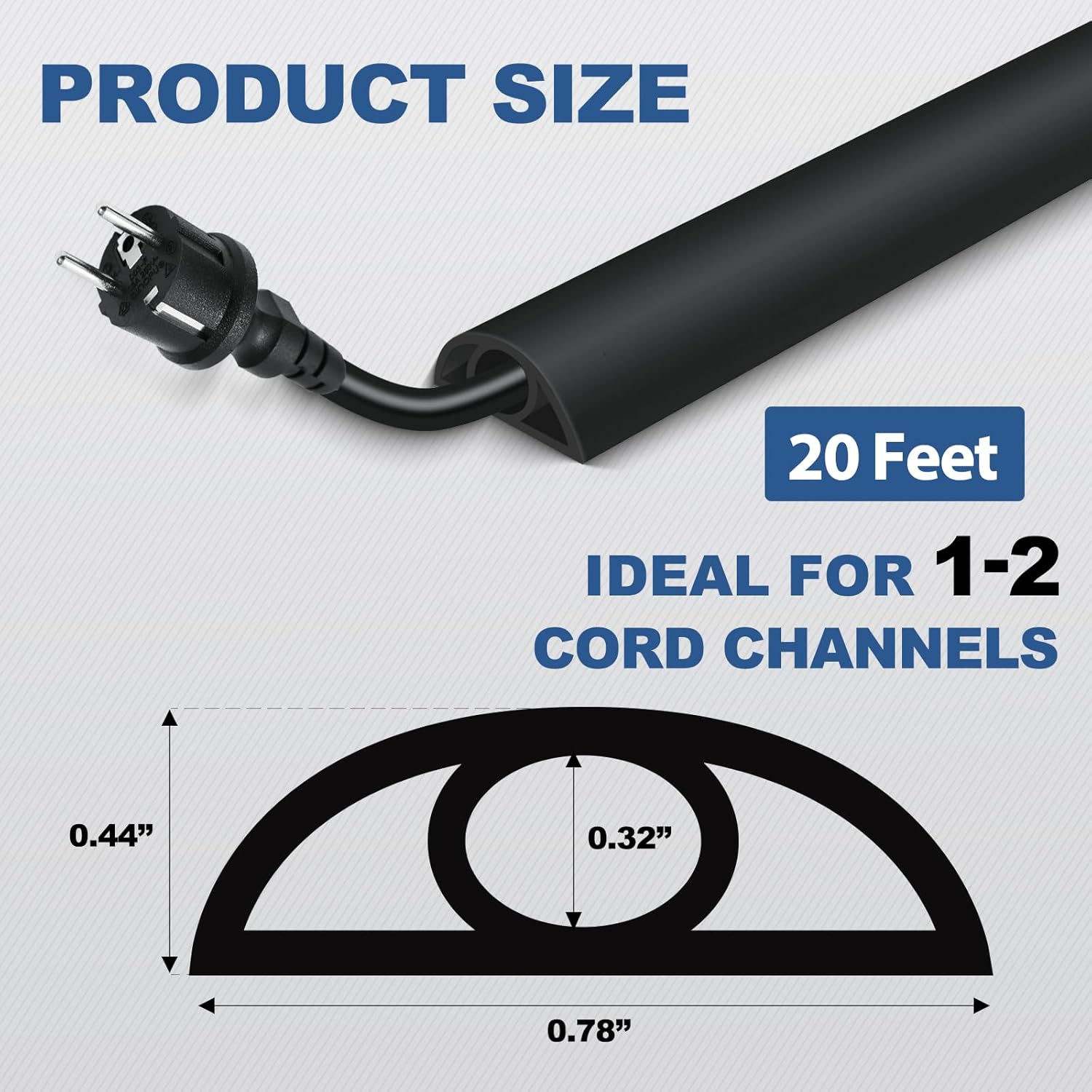 Floor Cord Cover for Wires on Floor Self Adhesive Cord Hider Floor Cable Management Wire Covers for Cords Protector Prevent Cable Trips Cord Cavity W 0.32" x H 0.32", Black, 20Ft