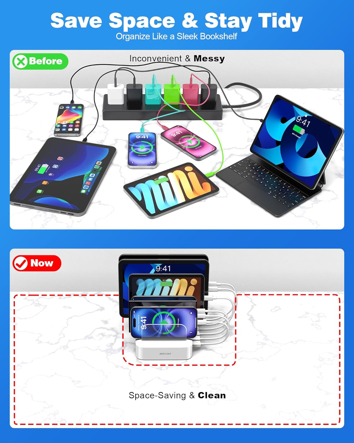 MSTJRY Charging Station for Multiple Devices : 6 Port USB Charger Stations - Family Multi-Device Organizer Charging Dock - Designed for iPhone iPad Android Cell Phone Tablet and Electronic, White