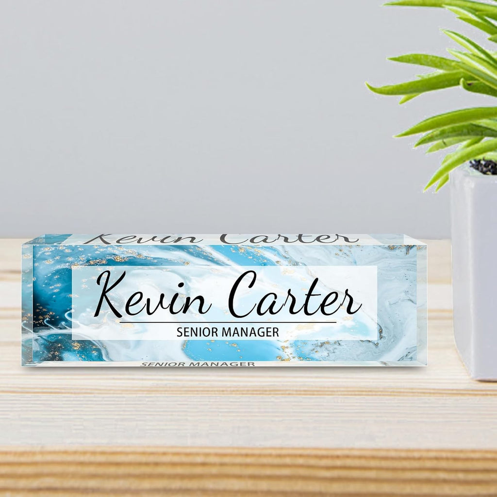 Name Plate for Desk Personalized, Acrylic Desk Decorations, Employee Appreciation Gifts, Custom Office Gifts for Coworkers, Boss, Teacher, Nurse (Blue Gold Marble)