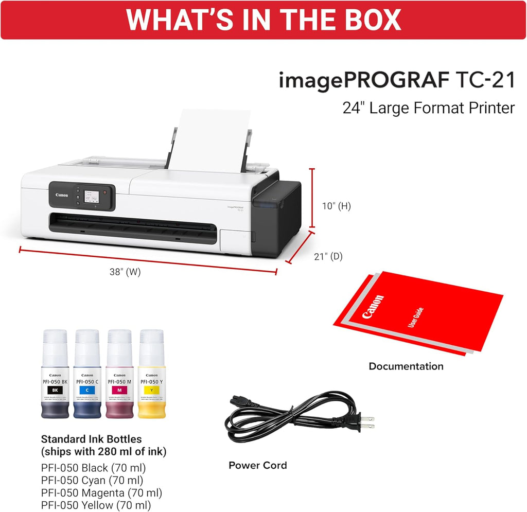 Canon imagePROGRAF TC-21 24" - Large Format Printer, Poster & Plotter Printer, Automatic Roll & Cut Sheet Paper Feeder, Includes 280 ml of Ink, White