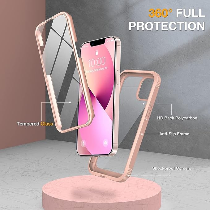 Miracase Compatible with iPhone 13 case 6.1 inch, [Glass Instead Plastic] with Built-in 9H Tempered Glass Screen Protector for iPhone 13,2023 Upgrade Full-Body Glass Clear Case,Crystal Pink