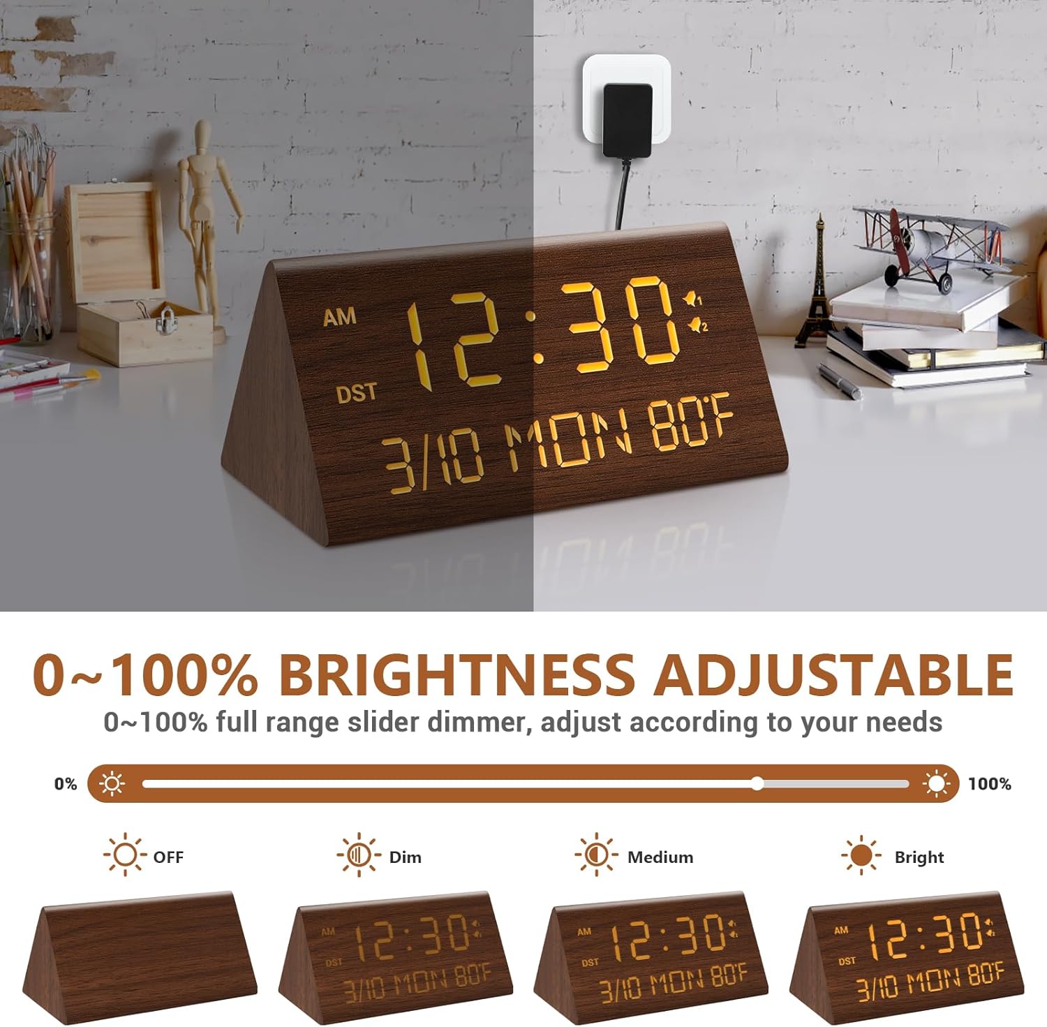 Kogonee Wooden Digital Alarm Clock, 0-100% Dimmer, 2 Alarm Settings, Weekday/Everyday Mode, 9 Mins Snooze, 12/24H, Temperature and Date Display for Office, Travel, Bedroom Alarm Clock (Brown)