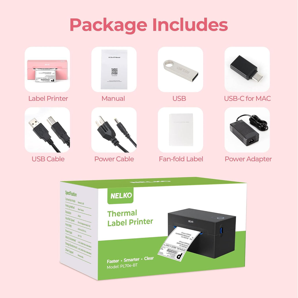 Nelko Bluetooth Thermal Shipping Label Printer, Wireless 4x6 Shipping Label Printer for Small Business, Support Android, iPhone and Windows, Widely Used for Amazon, Ebay, Shopify, USPS(Pink)