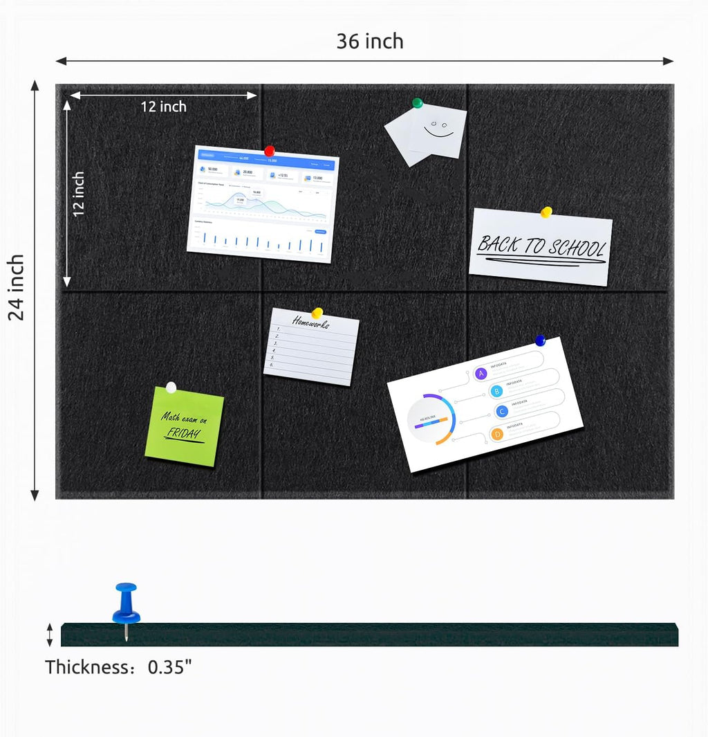 Cork Board for Wall,36"x24" 6 Pack Felt Wall Tiles with Safe Removable Adhesive Tabs,Bulletin Board for Home Office Kitchen,Pin Board Notice Board for Photos Memos,Black