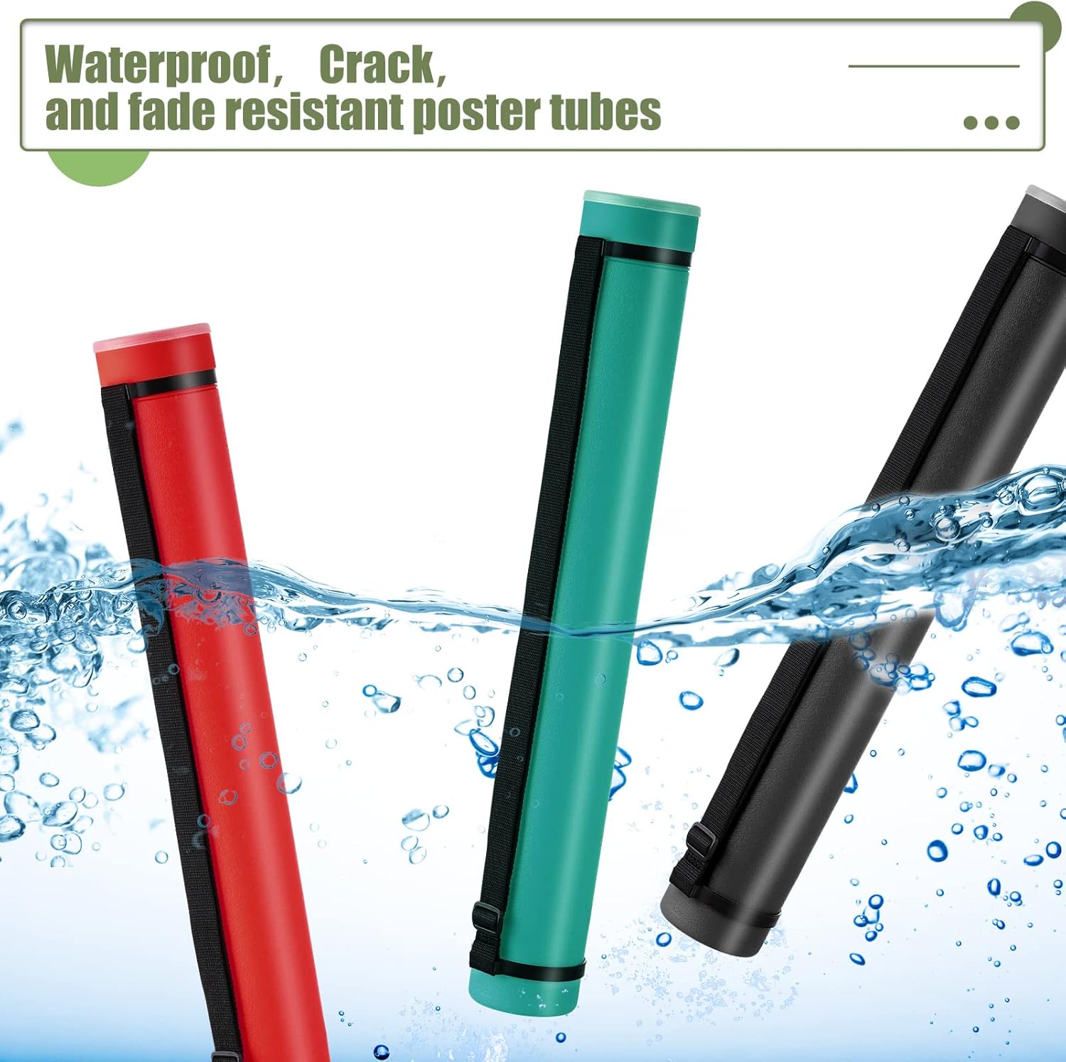 3 Pcs Extendable Poster Tubes Plastic Document Storage Tube with Carrying Strap 24-40 Inch Expanding Blueprint Holder Telescoping Cap Waterproof Art (Black, Green, Red)