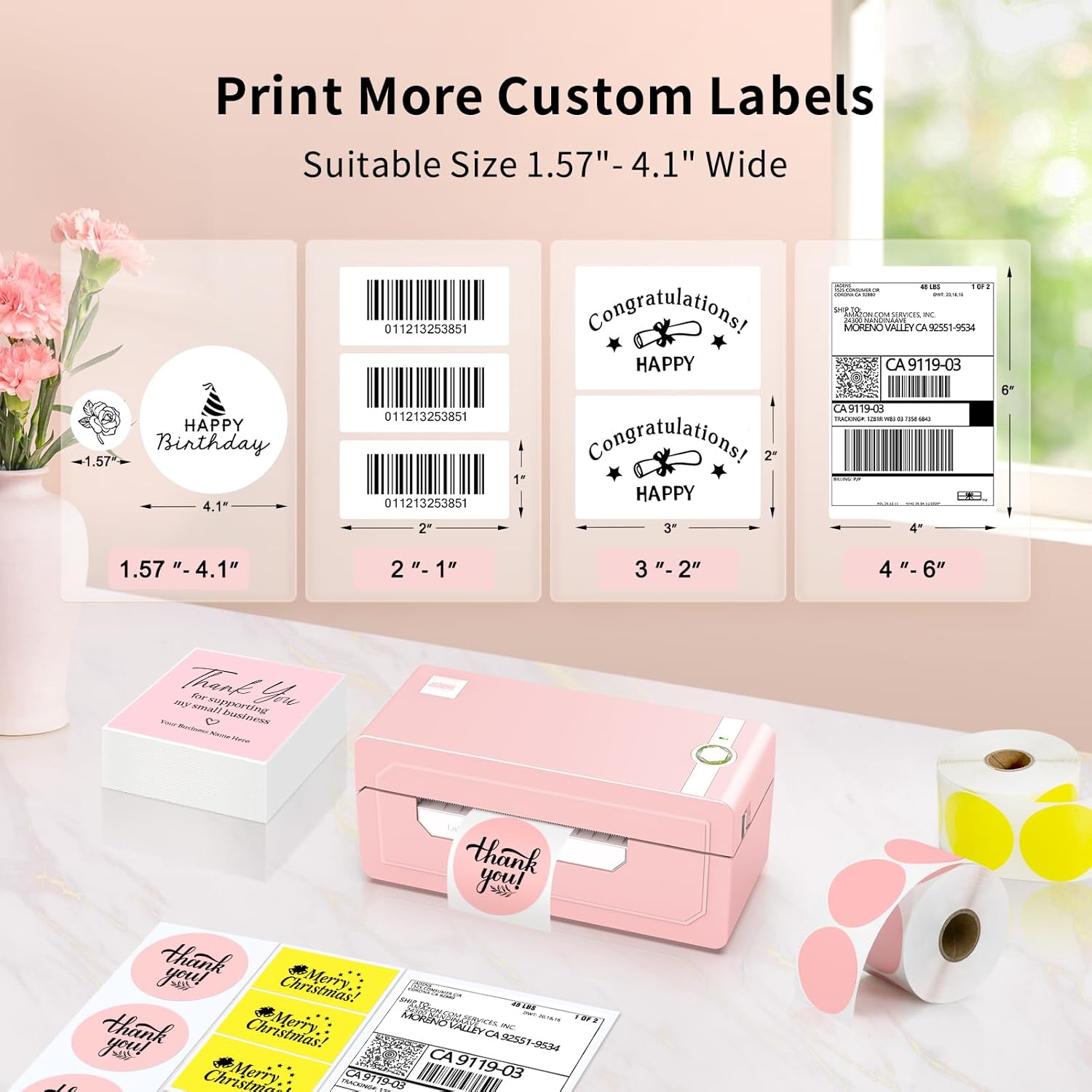 JADENS Bluetooth Thermal Label Printer 4x6, Pink Wireless Shipping Label Printer for Small Business & Packages, Compatible with iOS, Android, Mac, Windows, Amazon, Etsy, Ebay, Shopify