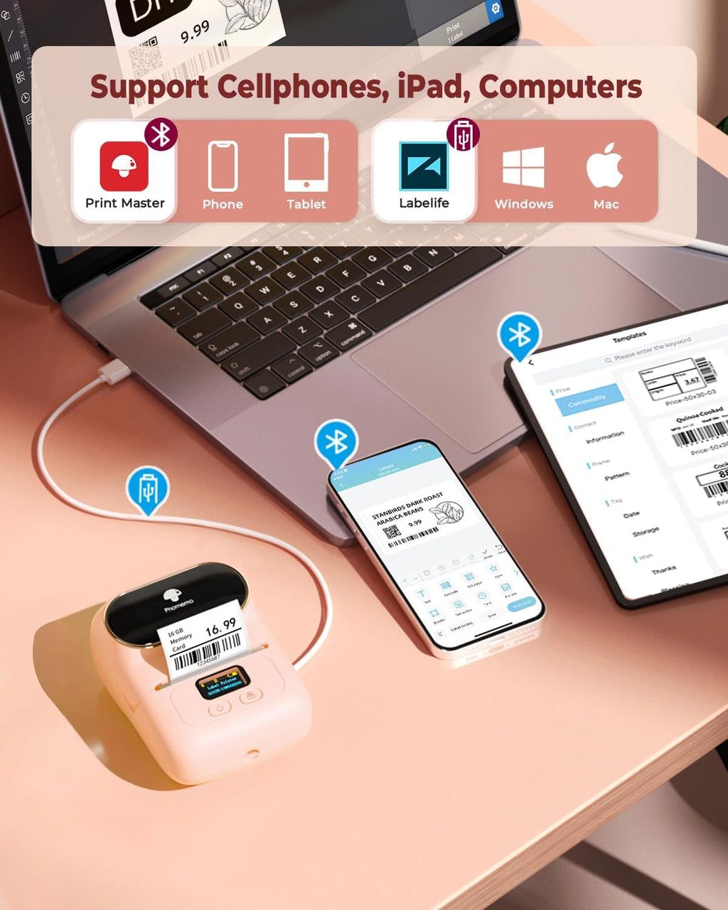 Phomemo M110 Label Printer - Bluetooth Portable Label Maker No Ink, Mini Barcode Label Printer for Retail, Address, Barcode, Home, for PC/Mac, iOS/Android, with 3 Packs Most Used Labels, Baby Pink