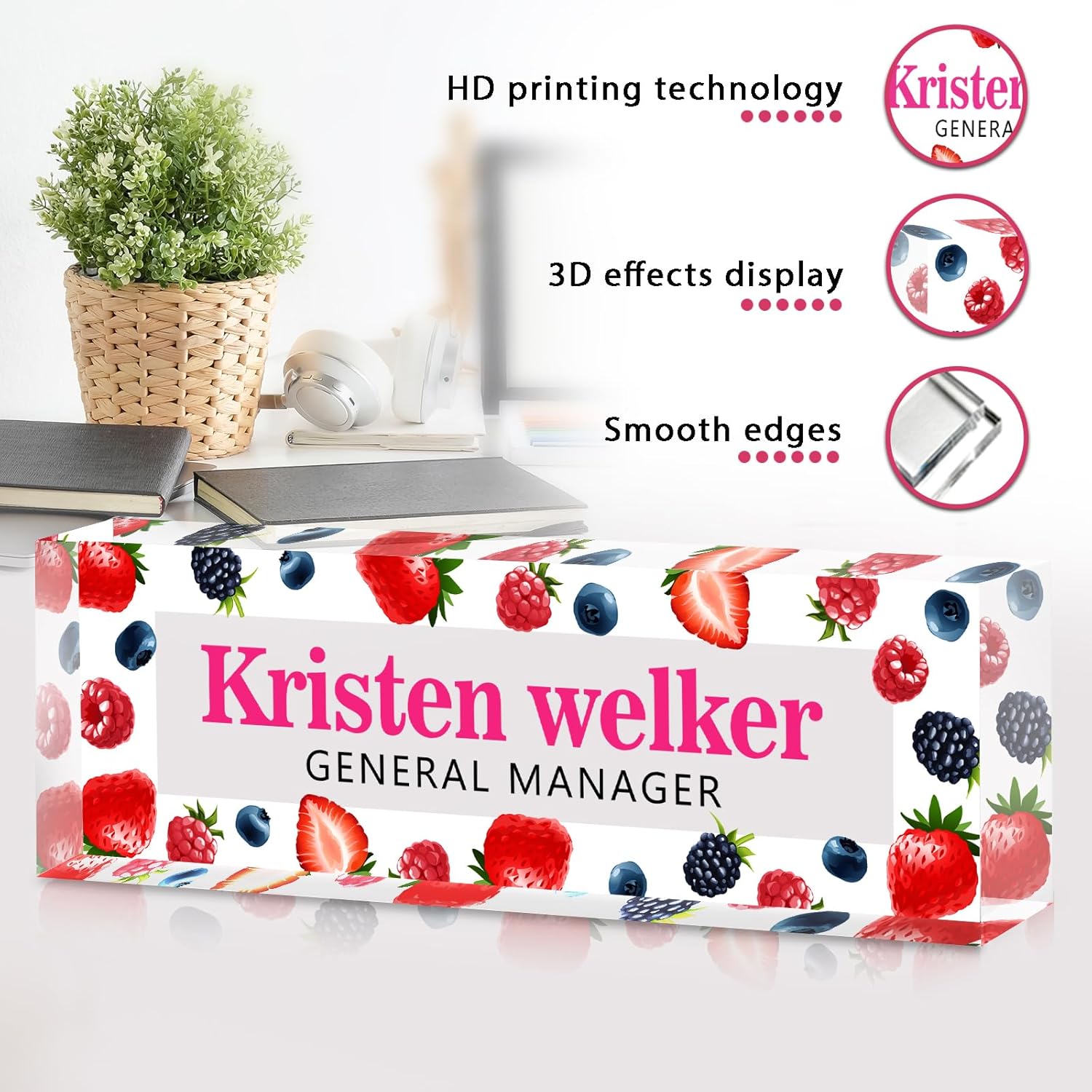 Personalized Name Plate for Desk - Custom Engraved Name Plates for Man - Boss Day Gifts for Boss - Acrylic Office Decor Appreciation Gifts for Teacher Nurse Coworker Social Worker (Berries)